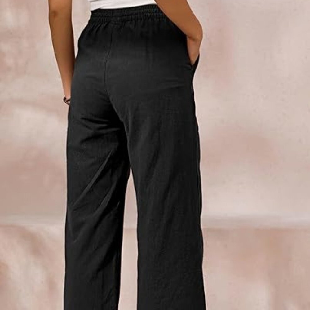 Womens Loose Cotton Capris Wide Leg Pants with Pockets (M ~BLACK) - Picture 3 of 10